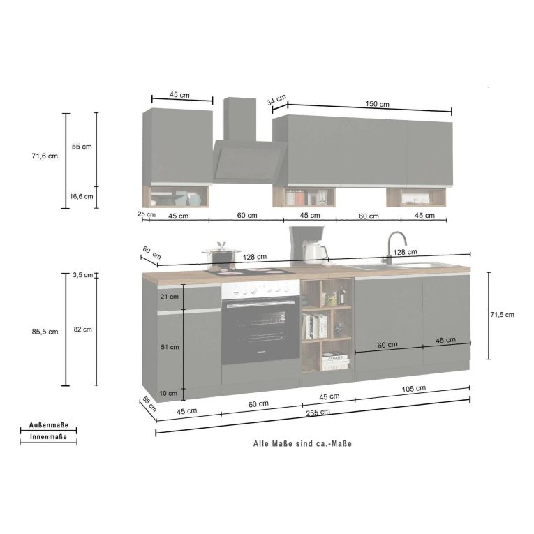 Cucina Grigio Ardesia Marrone Rovere Con cassetti, Elettrodomestici non inclusi, 7 Ante Made in Italy - Attimis