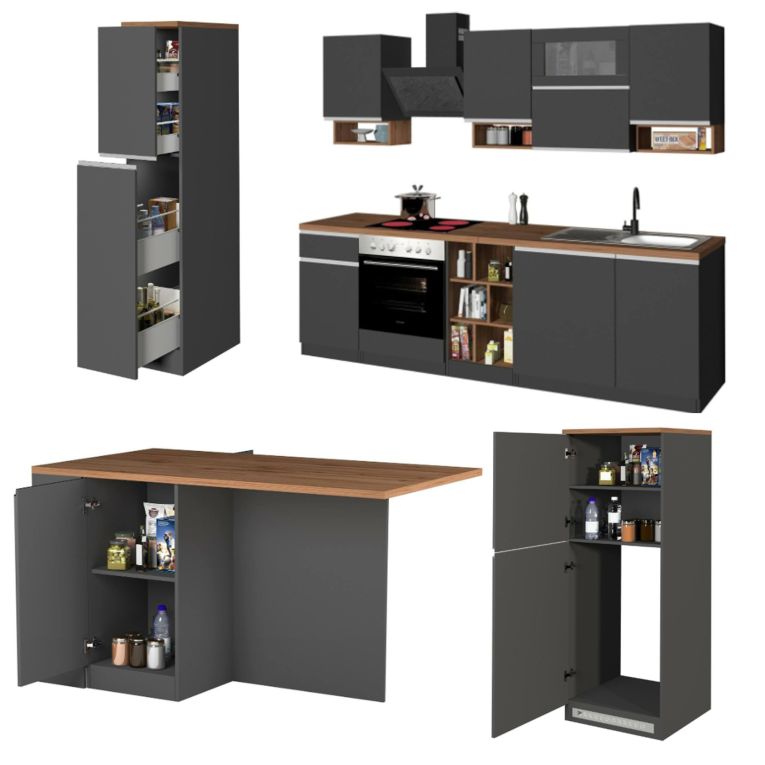 Cucina Grigio Ardesia Marrone Rovere Con cassetti, Elettrodomestici non inclusi, Composizione Made in Italy - Appiah