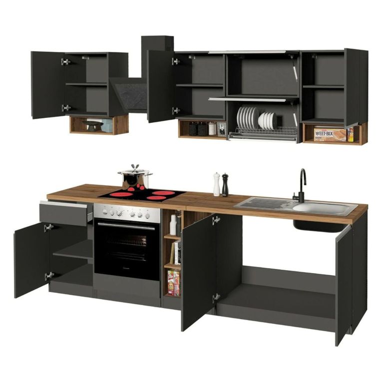 Cucina Grigio Ardesia Marrone Rovere Con cassetti, Elettrodomestici non inclusi, Composizione Made in Italy - Appiah
