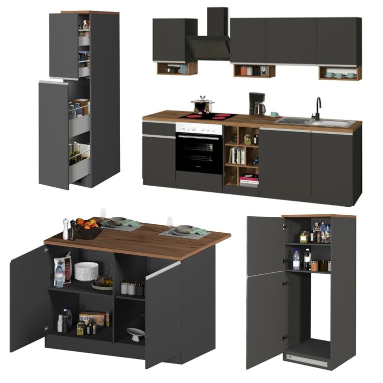 Cucina Grigio Ardesia Marrone Rovere Con cassetti, Elettrodomestici non inclusi, Modulabile Made in Italy - Appiah