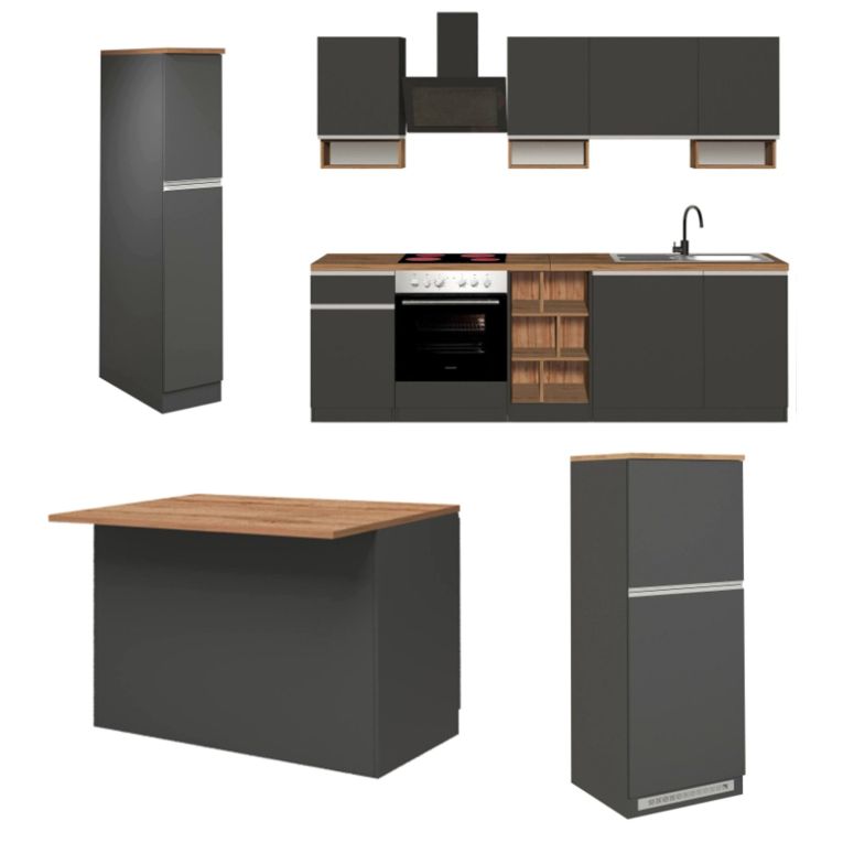 Cucina Grigio Ardesia Marrone Rovere Con cassetti, Elettrodomestici non inclusi, Modulabile Made in Italy - Appiah
