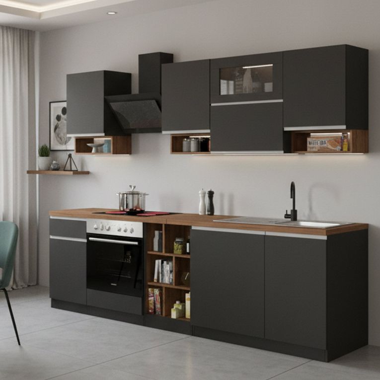 Cucina Grigio Ardesia Marrone Rovere Con cassetti, Elettrodomestici non inclusi, Modulabile Made in Italy - Attiko