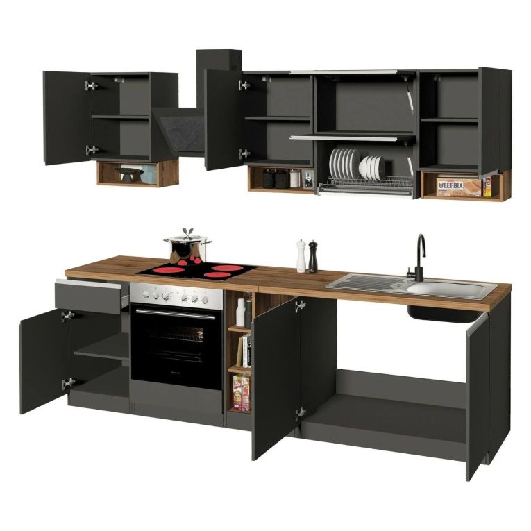 Cucina Grigio Ardesia Marrone Rovere Con cassetti, Elettrodomestici non inclusi, Modulabile Made in Italy - Attiko