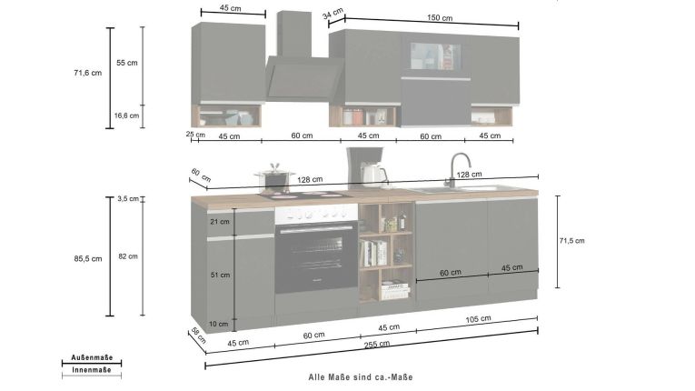 Cucina Grigio Ardesia Marrone Rovere Con cassetti, Elettrodomestici non inclusi, Modulabile Made in Italy - Attiko