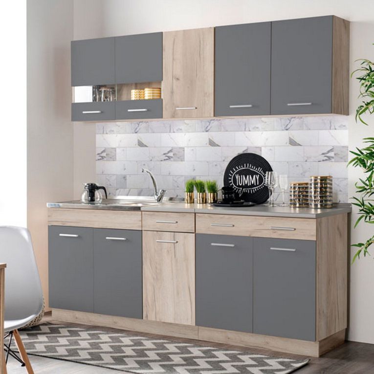 Cucina Nero Antracite Marrone Rovere Con cassetti, Elettrodomestici non inclusi, 10 Ante - Bornago