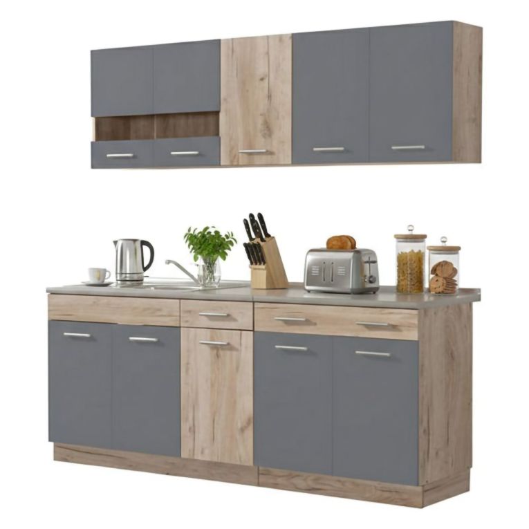Cucina Nero Antracite Marrone Rovere Con cassetti, Elettrodomestici non inclusi, 10 Ante - Bornago