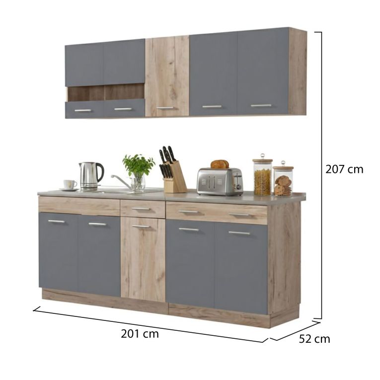 Cucina Nero Antracite Marrone Rovere Con cassetti, Elettrodomestici non inclusi, 10 Ante - Bornago