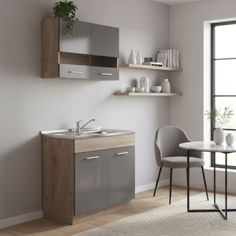 Cucina Nero Antracite Marrone Rovere Con cassetti, Elettrodomestici non inclusi, 3 Vani - Taurano