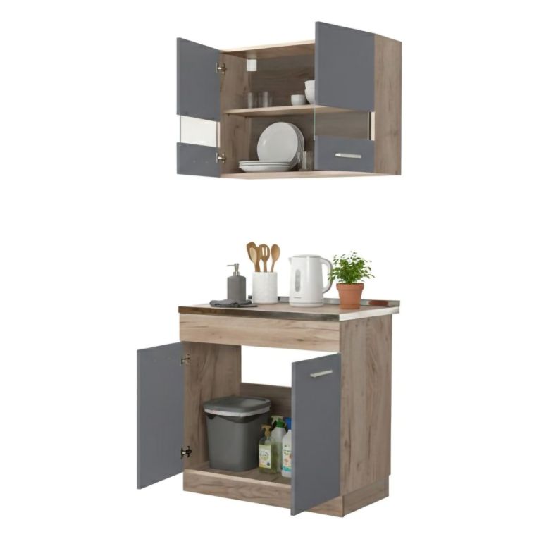 Cucina Nero Antracite Marrone Rovere Con cassetti, Elettrodomestici non inclusi, 3 Vani - Taurano