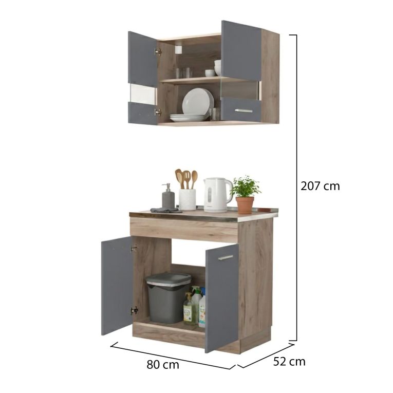 Cucina Nero Antracite Marrone Rovere Con cassetti, Elettrodomestici non inclusi, 3 Vani - Taurano