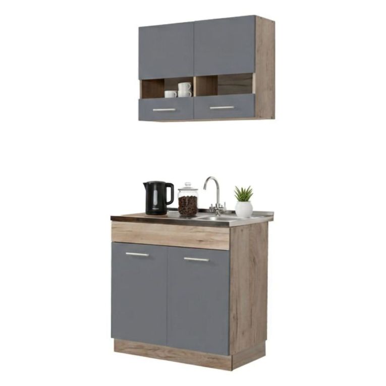 Cucina Nero Antracite Marrone Rovere Con cassetti, Elettrodomestici non inclusi, 3 Vani - Taurano