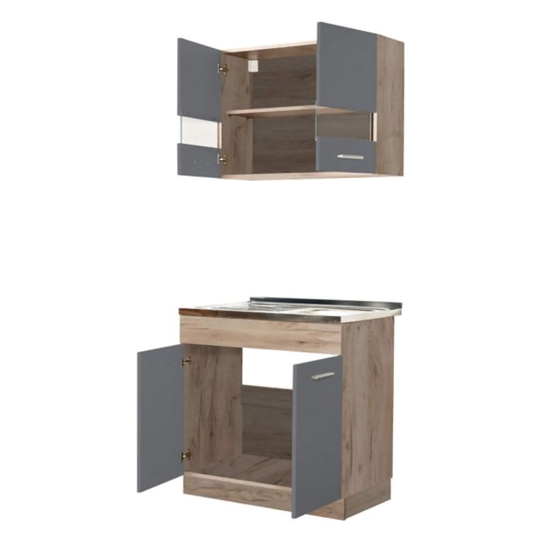Cucina Nero Antracite Marrone Rovere Con cassetti, Elettrodomestici non inclusi, 3 Vani - Taurano