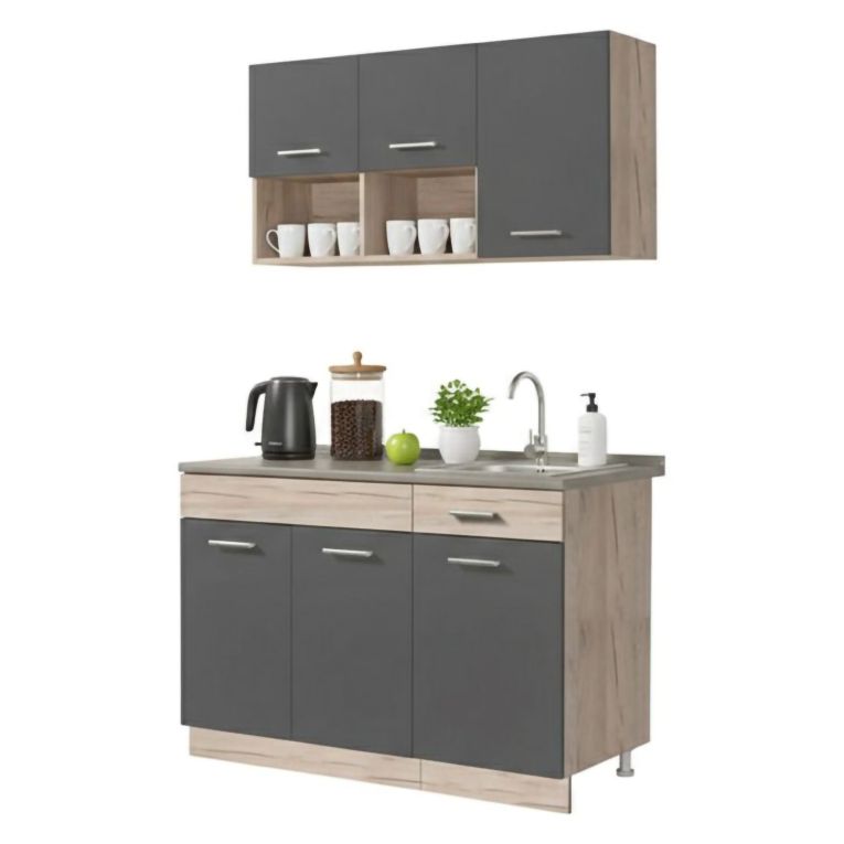 Cucina Nero Antracite Marrone Rovere Con cassetto, Elettrodomestici non inclusi, 6 Ante - Lanzo