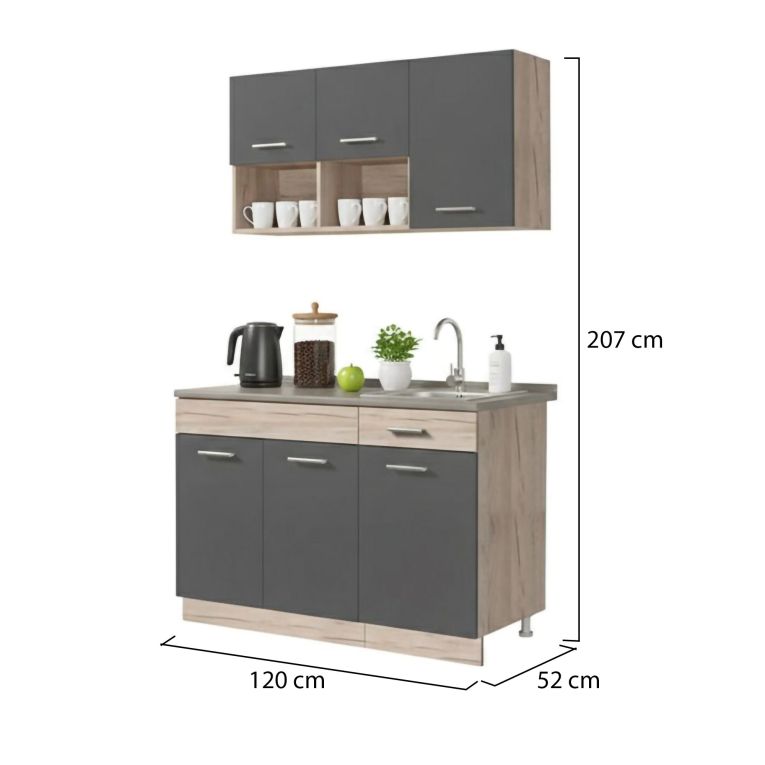 Cucina Nero Antracite Marrone Rovere Con cassetto, Elettrodomestici non inclusi, 6 Ante - Lanzo