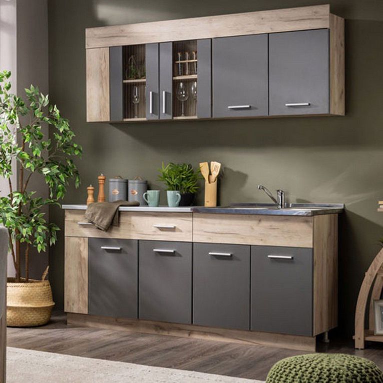 Cucina Nero Antracite Marrone Rovere Con cassetto, Elettrodomestici non inclusi, 8 Ante - Interamna