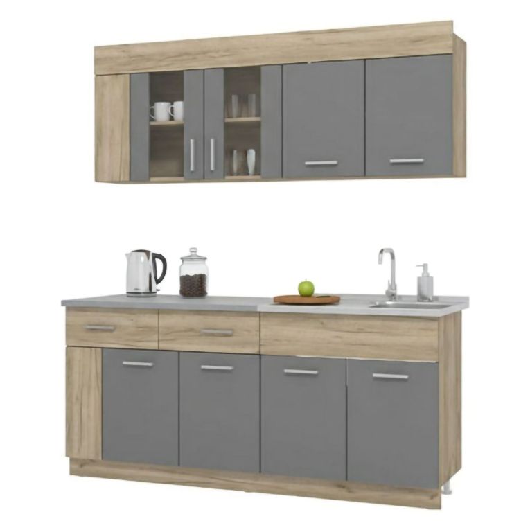 Cucina Nero Antracite Marrone Rovere Con cassetto, Elettrodomestici non inclusi, 8 Ante - Interamna