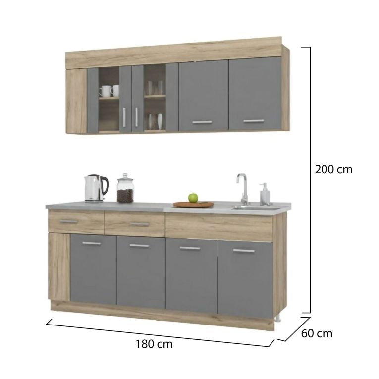 Cucina Nero Antracite Marrone Rovere Con cassetto, Elettrodomestici non inclusi, 8 Ante - Interamna
