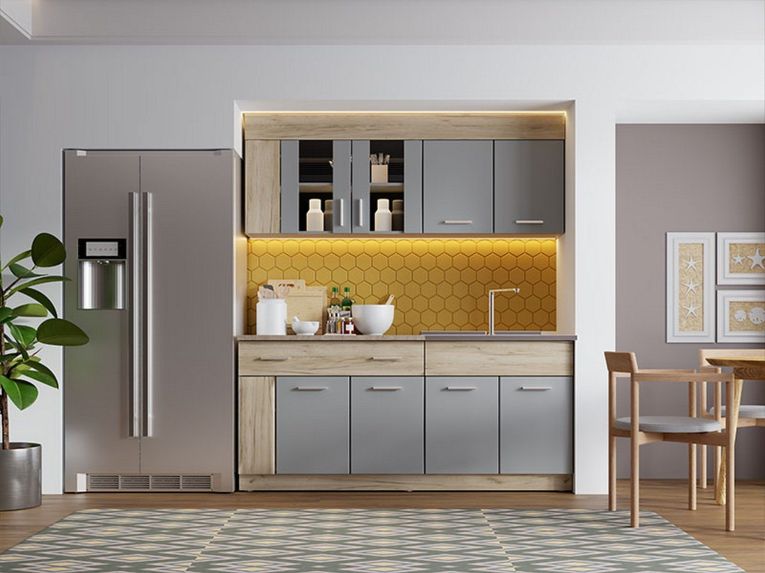 Cucina Nero Antracite Marrone Rovere Con cassetto, Elettrodomestici non inclusi, 8 Ante - Interamna