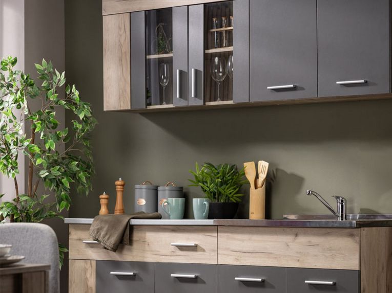 Cucina Nero Antracite Marrone Rovere Con cassetto, Elettrodomestici non inclusi, 8 Ante - Interamna