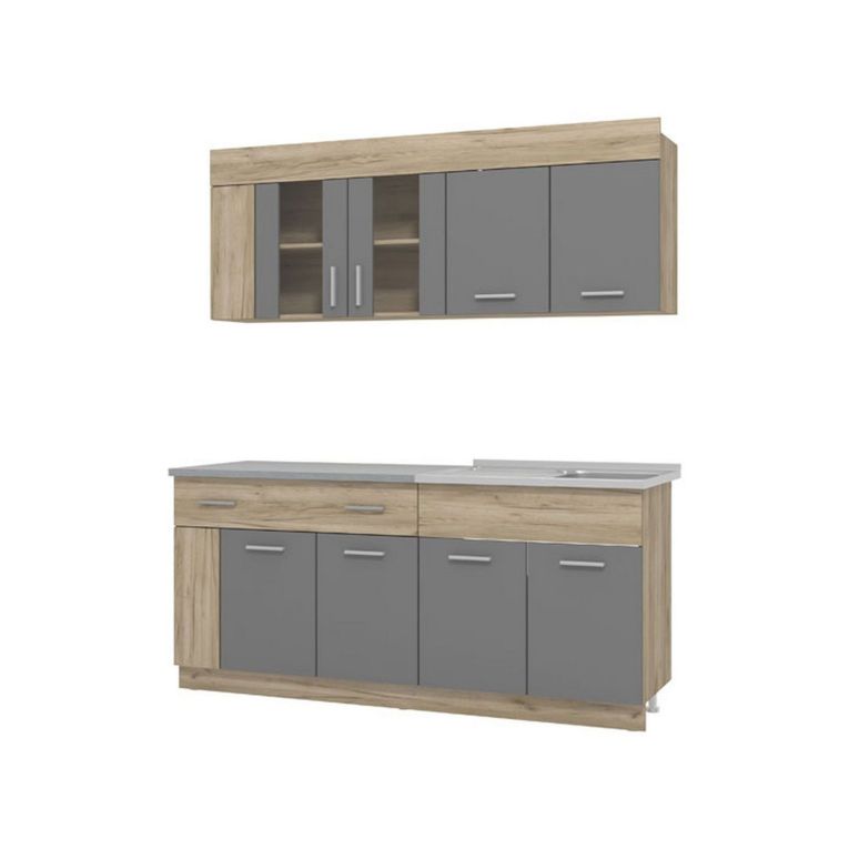 Cucina Nero Antracite Marrone Rovere Con cassetto, Elettrodomestici non inclusi, 8 Ante - Interamna