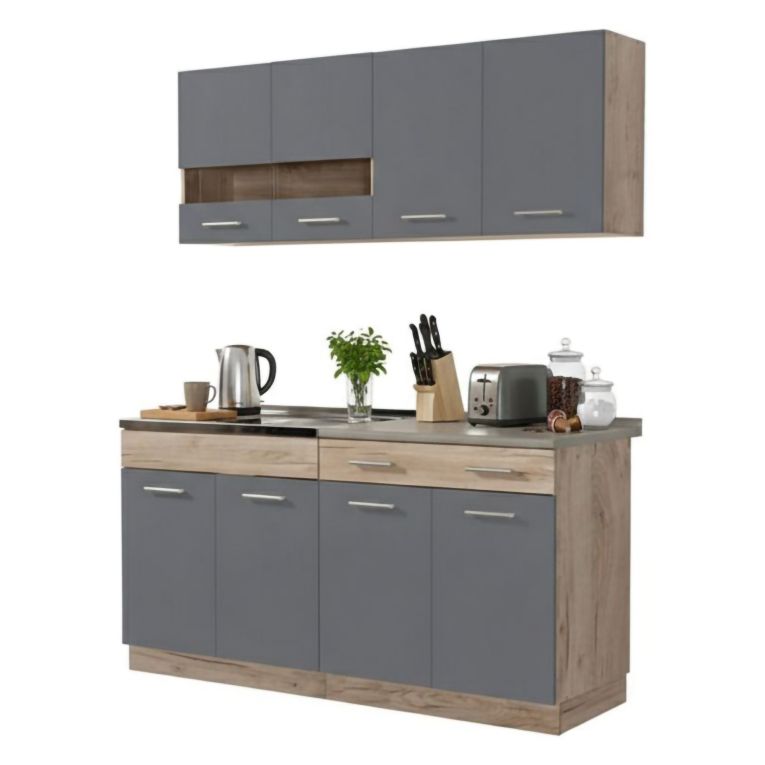 Cucina Nero Antracite Marrone Rovere Con cassetto, Elettrodomestici non inclusi, 8 Ante - Solarolo