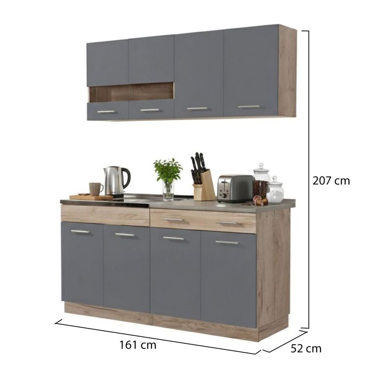 Cucina Nero Antracite Marrone Rovere Con cassetto, Elettrodomestici non inclusi, 8 Ante - Solarolo