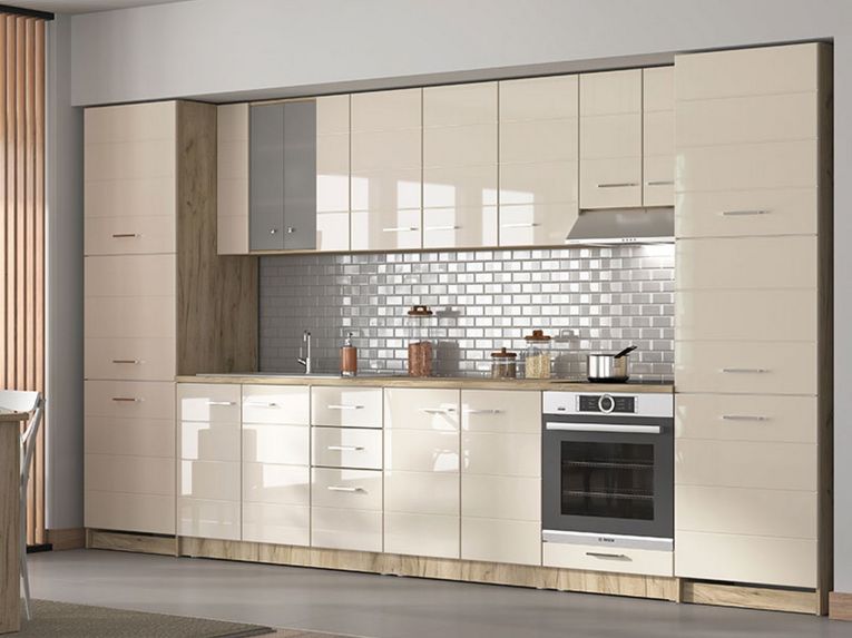 Dispensa da Cucina Beige Marrone Rovere Nodi 5 Ripiani 3 Ante 60x57.5x214.5h cm, 6 Vani - Volvera