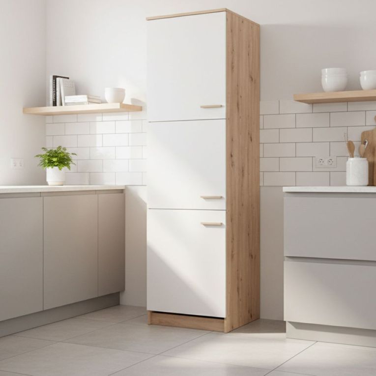Dispensa da Cucina Beige Marrone Rovere Nodi 5 Ripiani 3 Ante 60x58.5x216h cm, 6 Vani - Saracena