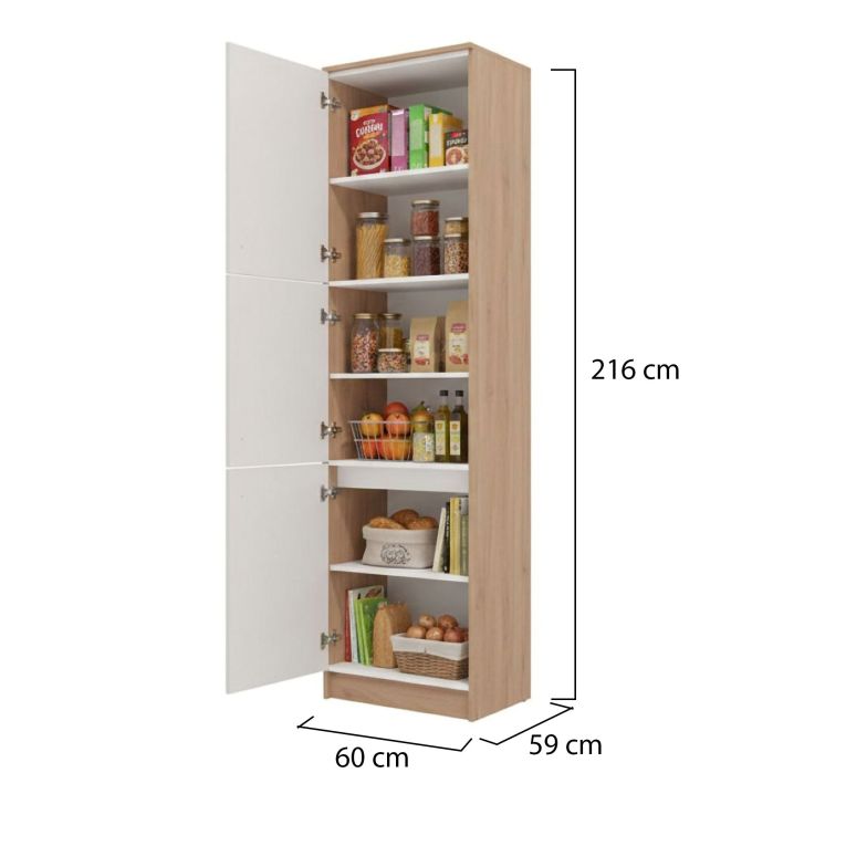 Dispensa da Cucina Beige Marrone Rovere Nodi 5 Ripiani 3 Ante 60x58.5x216h cm, 6 Vani - Saracena