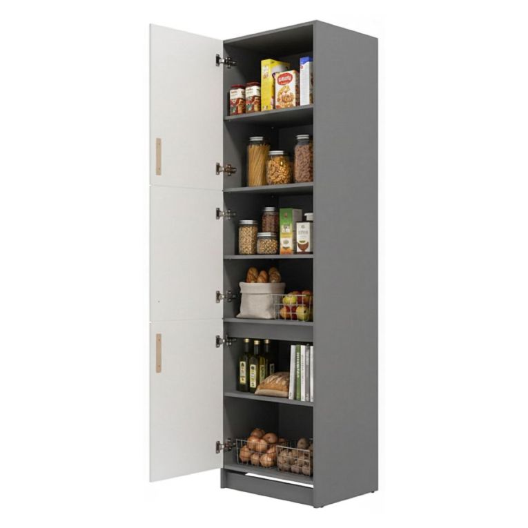 Dispensa da Cucina Bianco Grigio 5 Ripiani 3 Ante 60x58x215h cm, Apertura Battente - Moiolaa