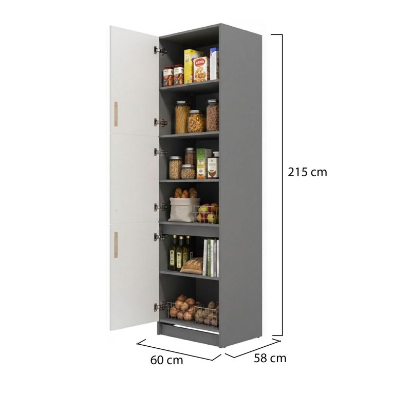 Dispensa da Cucina Bianco Grigio 5 Ripiani 3 Ante 60x58x215h cm, Apertura Battente - Moiolaa