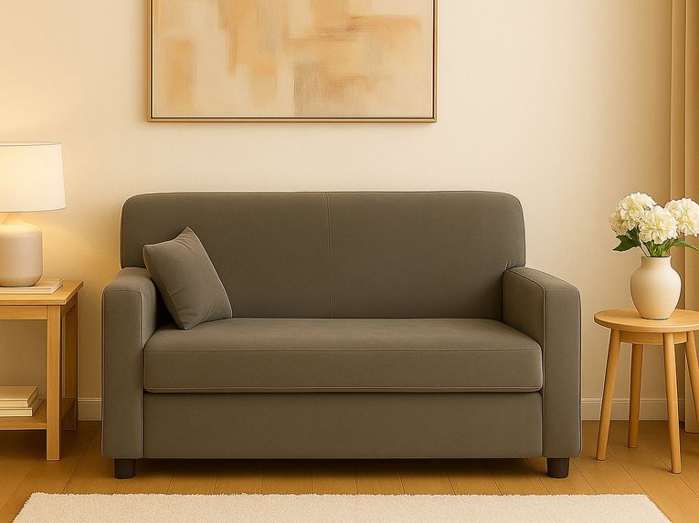 Divano 2 Posti Economico Salvaspazio 125x73x85h cm in Tessuto Grigio Moderno Imbottito per Piccoli Appartamenti e Ufficio con Braccioli – Andreia