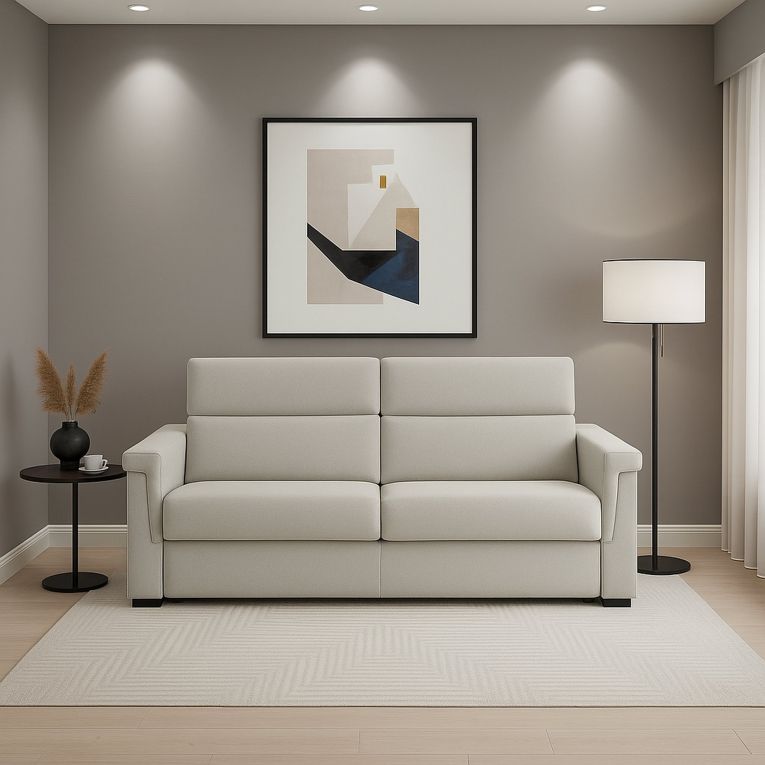 Divano Fisso 2 Posti Beige Sfoderabile Idrorepellente 205x95x100h cm, Lavabile Made in Italy - Flaibano