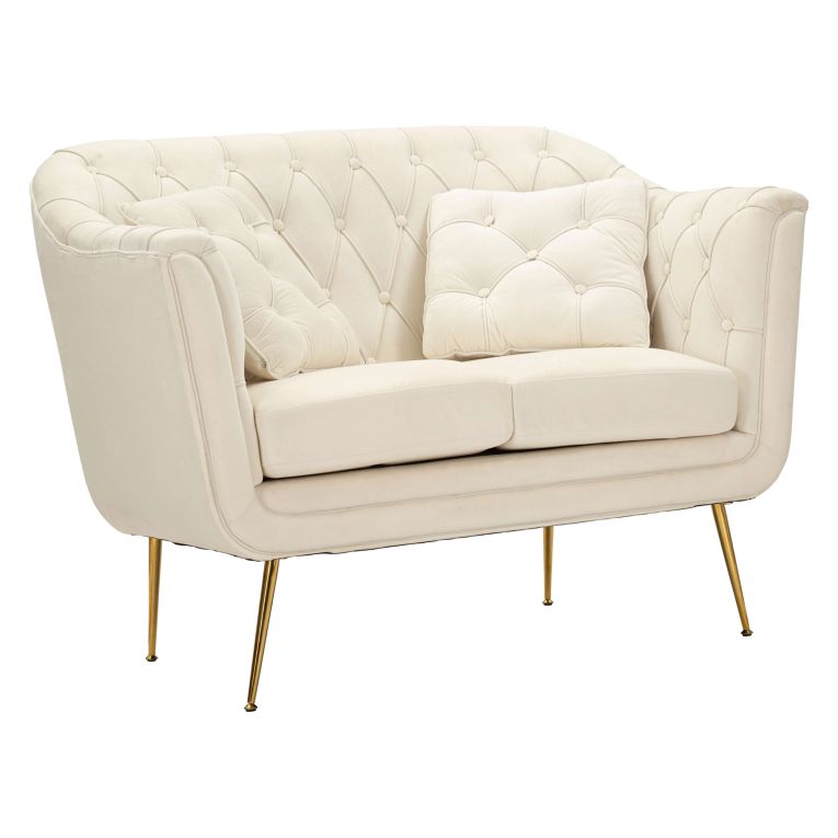 Divano Fisso 2 Posti Bianco Crema oro Effetto Velluto Trapuntato Cuscini Inclusi 130x83x91h cm, Braccioli - Diskit
