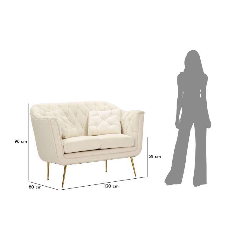 Divano Fisso 2 Posti Bianco Crema oro Effetto Velluto Trapuntato Cuscini Inclusi 130x83x91h cm, Braccioli - Diskit