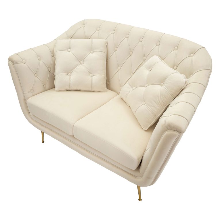 Divano Fisso 2 Posti Bianco Crema oro Effetto Velluto Trapuntato Cuscini Inclusi 130x83x91h cm, Braccioli - Diskit
