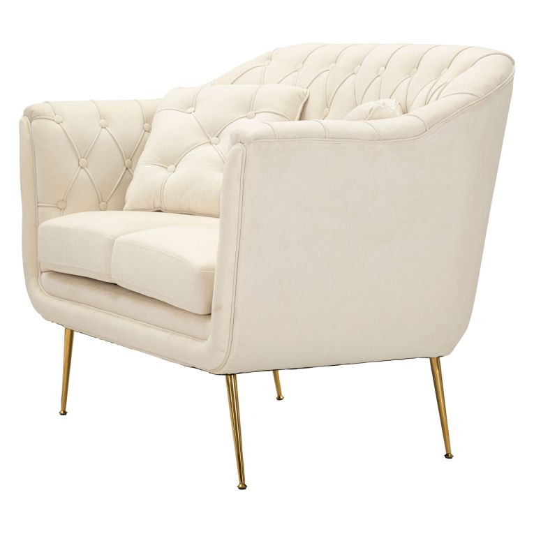Divano Fisso 2 Posti Bianco Crema oro Effetto Velluto Trapuntato Cuscini Inclusi 130x83x91h cm, Braccioli - Diskit