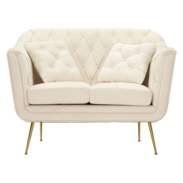 Divano Fisso 2 Posti Bianco Crema oro Effetto Velluto Trapuntato Cuscini Inclusi 130x83x91h cm, Braccioli - Diskit