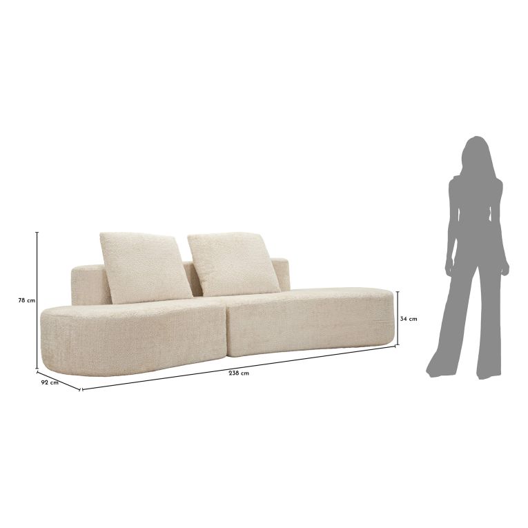 Divano Fisso 2 Posti Bianco Crema Rivestimento in Tessuto Bouclè Posti a Sedere 2 40x43x115h cm, Cuscini Inclusi - Masule
