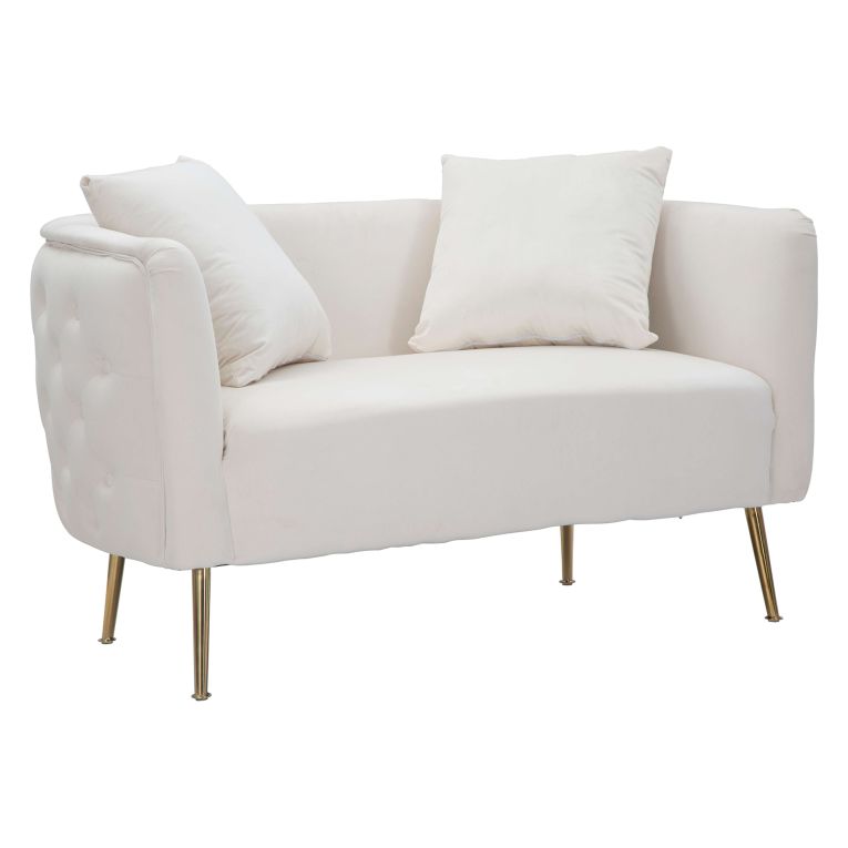 Divano Fisso 2 Posti Bianco oro Effetto Velluto Cuscini Inclusi 127x74x71h cm, Braccioli - Dingle