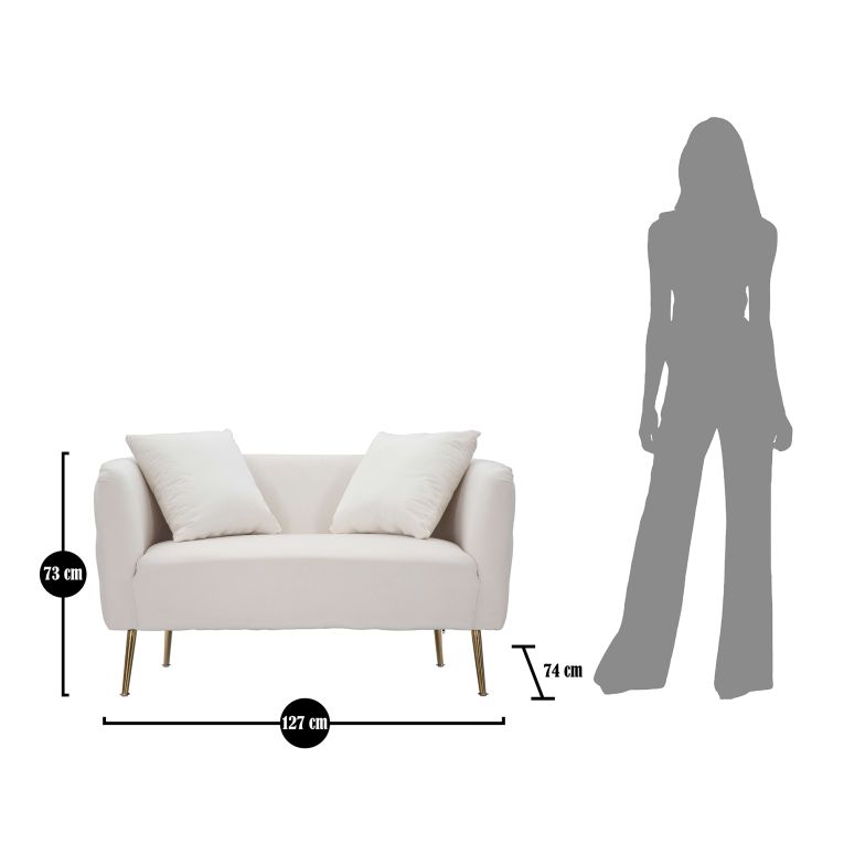 Divano Fisso 2 Posti Bianco oro Effetto Velluto Cuscini Inclusi 127x74x71h cm, Braccioli - Dingle