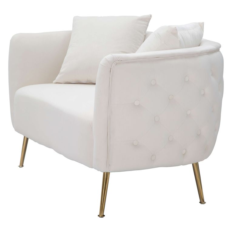 Divano Fisso 2 Posti Bianco oro Effetto Velluto Cuscini Inclusi 127x74x71h cm, Braccioli - Dingle