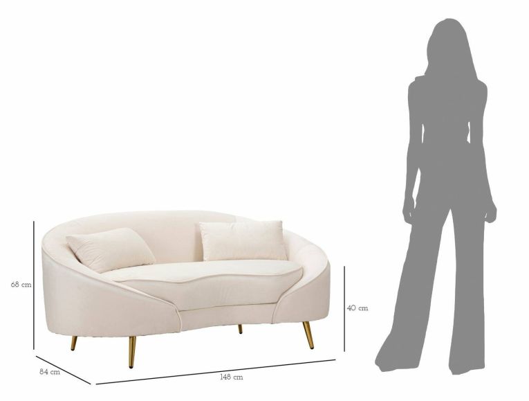 Divano fisso 2 posti Bientina, Sofà dritto, Divanetto per salotto, Poltrona matrimoniale con contenitore, 148x84 h68 cm, Crema e Oro