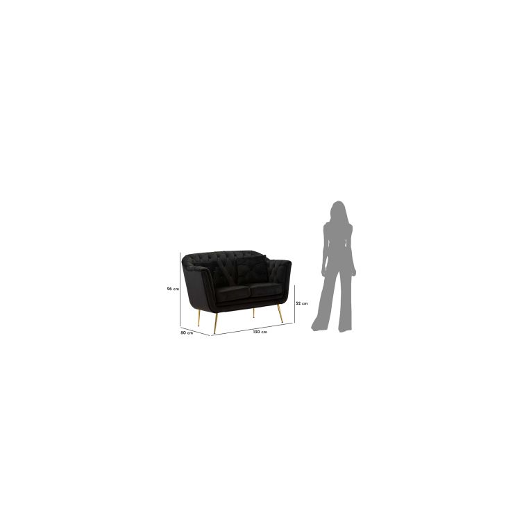 Divano Fisso 2 Posti Nero oro Effetto Velluto Trapuntato Braccioli 130x83x91h cm, Cuscini Inclusi - Diskit