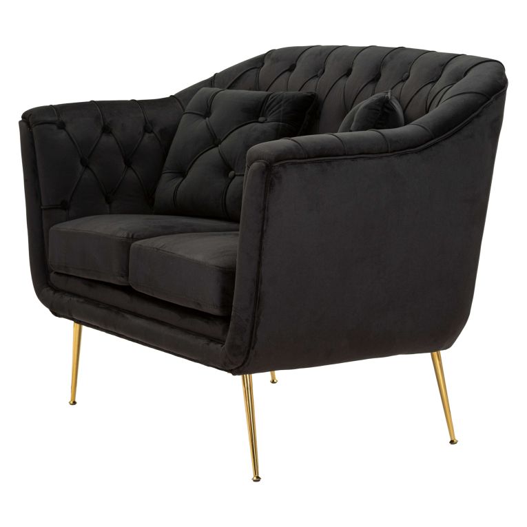 Divano Fisso 2 Posti Nero oro Effetto Velluto Trapuntato Braccioli 130x83x91h cm, Cuscini Inclusi - Diskit