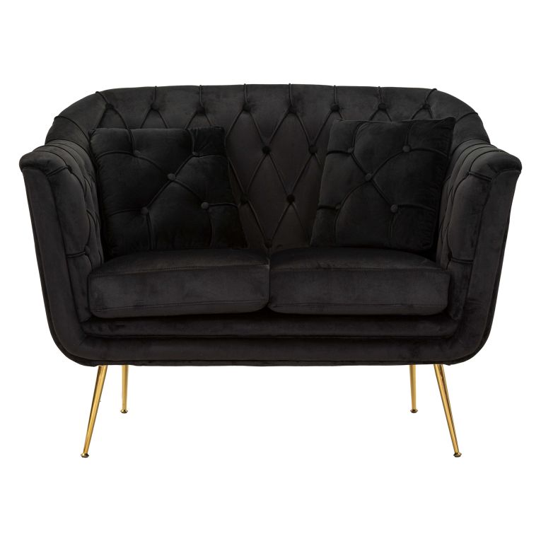 Divano Fisso 2 Posti Nero oro Effetto Velluto Trapuntato Braccioli 130x83x91h cm, Cuscini Inclusi - Diskit