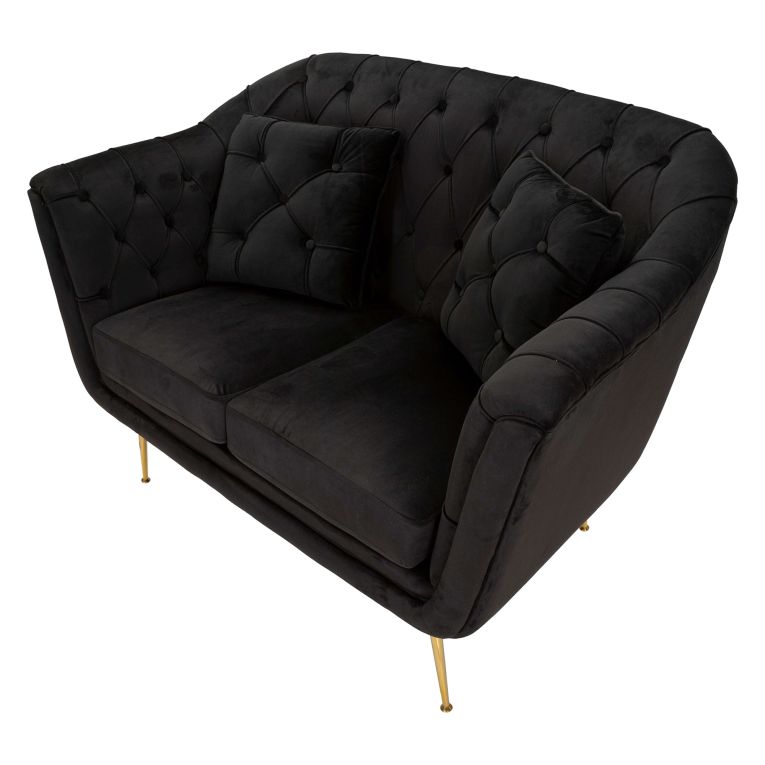 Divano Fisso 2 Posti Nero oro Effetto Velluto Trapuntato Braccioli 130x83x91h cm, Cuscini Inclusi - Diskit