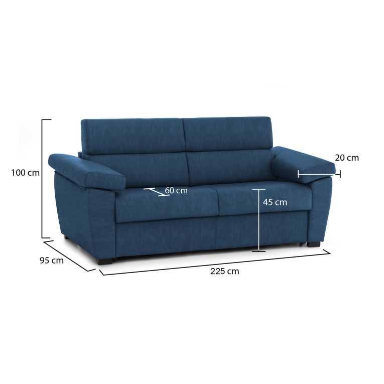 Divano Fisso 3 Posti blu Sfoderabile Lavabile 225x95 cm, Braccioli Made in Italy - Giffone