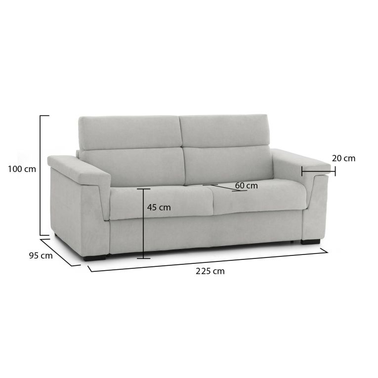 Divano fisso 3 posti Cantu, 225x95 h100 cm, Grigio chiaro
