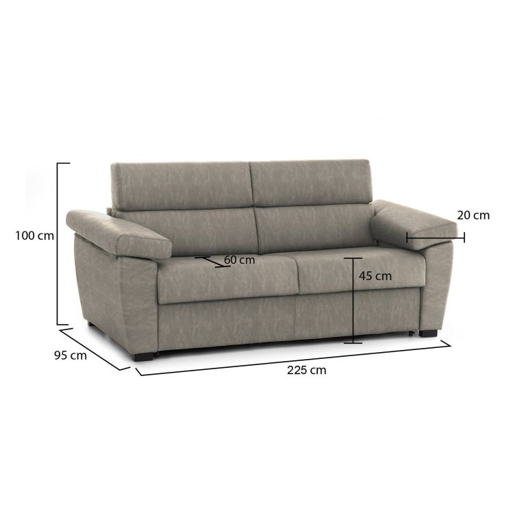 Divano Fisso 3 Posti Grigio Tortora Sfoderabile Lavabile 225x95 cm, Braccioli Made in Italy - Giffone